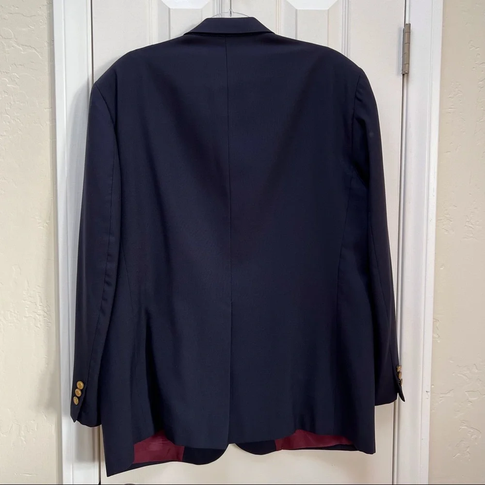 Vintage Halston Navy Wool Blazer 44 Union-Made in USA Gold Buttons Preppy